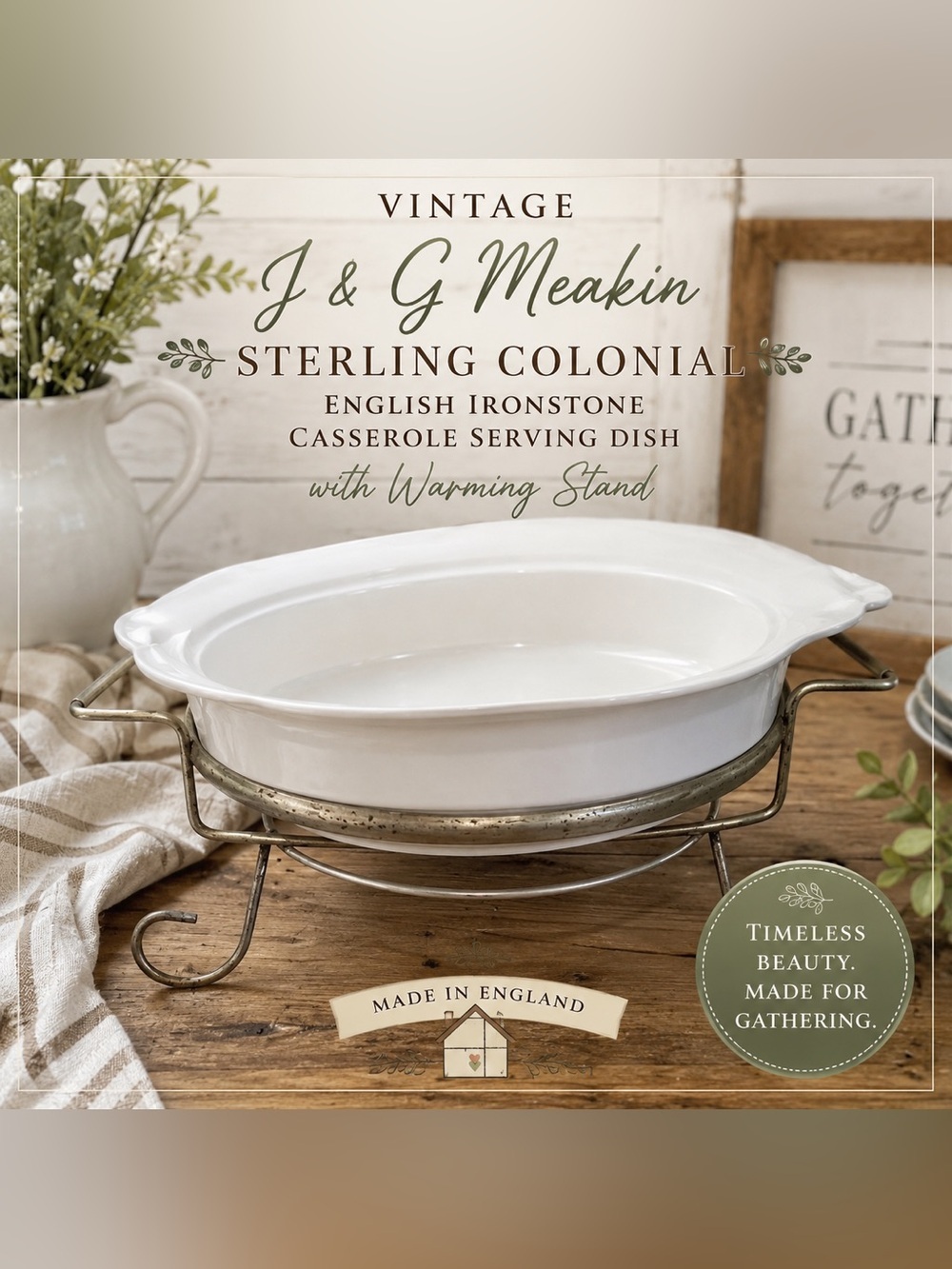 Vintage J&G Meakin Sterling Colonial English Ironstone Dish & Warming Stand